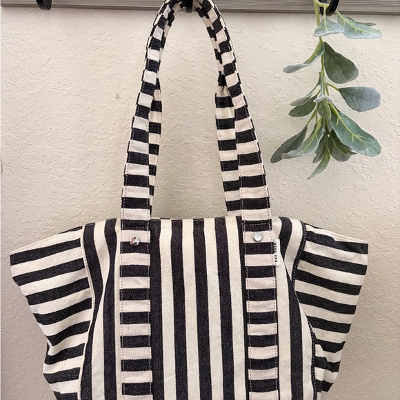 Rae Dunn Handbags - Rae Dunn Black White Striped Canvas Tote Bag Farmhouse Minimalist Shoulder Bag